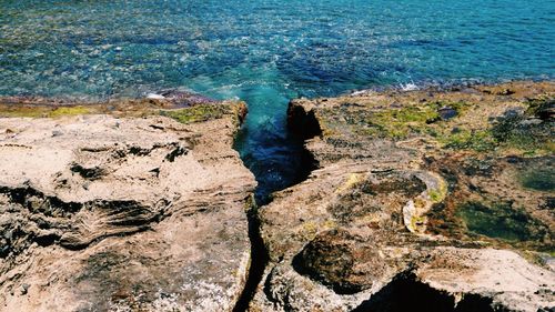 High angle view of rock in sea