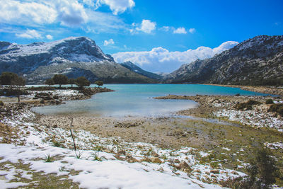 Scenic view of lake by snowcapped mountains against sky