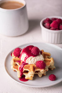 Freshly baked waffles with raspberry syrup and ice cream on a plate