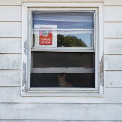 Text on window of a building