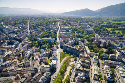 High angle view of buildings in city