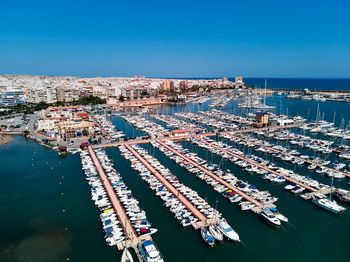 Aerial view of commercial dock against clear blue sky during sunny day