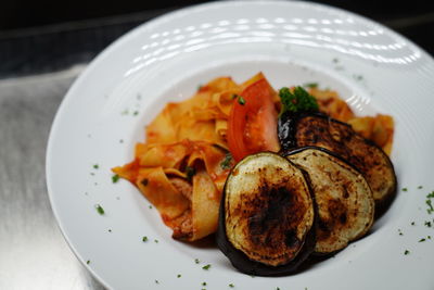 High angle view of seafood in plate on table