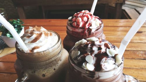 High angle view of ice cream on table