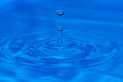 Close-up of drop falling on blue water