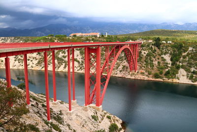 Bridge over river against mountains