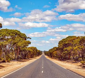 Empty road amidst trees against sky