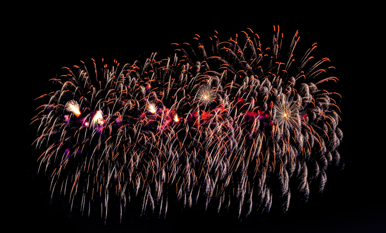 fireworks, night, motion, celebration, exploding, event, firework display, illuminated, arts culture and entertainment, recreation, no people, long exposure, glowing, multi colored, nature, blurred motion, sky, firework - man made object, outdoors, low angle view, black