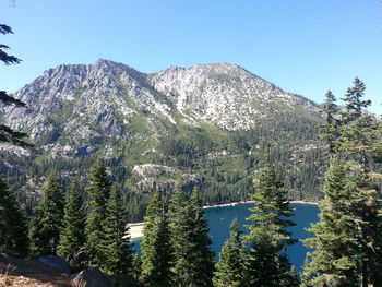 Scenic view of mountains against clear blue sky