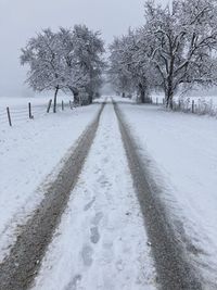Snow covered road amidst trees on field during winter