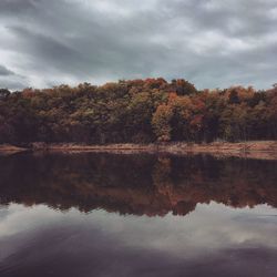 Reflection of trees in lake against sky