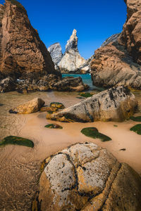 Low angel view of rocks by sea against sky