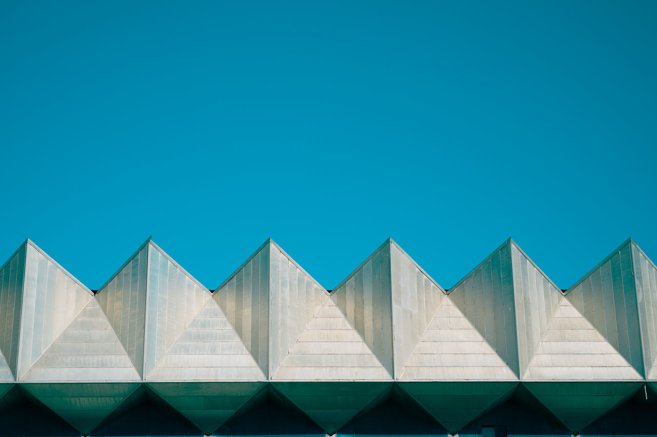 blue, architecture, built structure, sky, triangle shape, line, no people, clear sky, shape, building exterior, pattern, nature, copy space, abstract, day