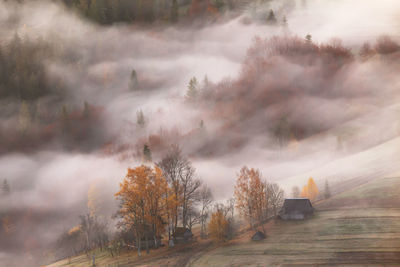 High angle view of landscape during foggy weather