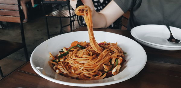 High angle view of food in plate on table