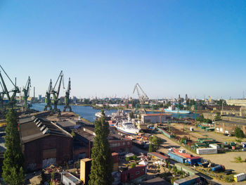 Panoramic view of harbor against clear sky