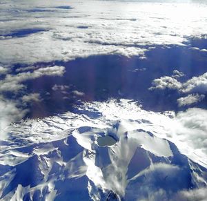 Aerial view of snow covered landscape against sky