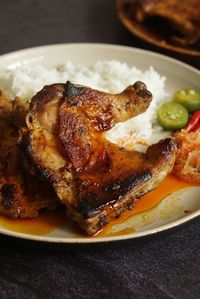 High angle view of meat in plate on table