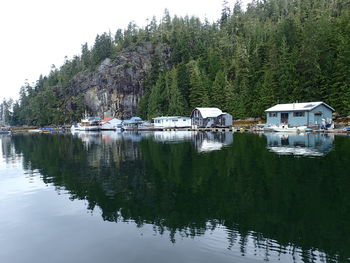 Scenic view of lake by trees and building against sky