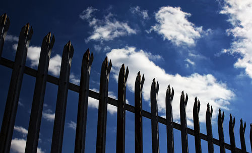 Low angle view of fence against sky