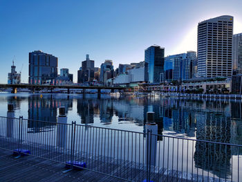 Reflection of buildings in river against blue sky