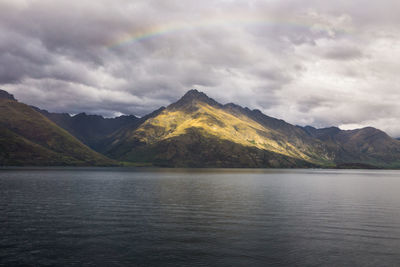 Lake with mountain in background against cloudy sky