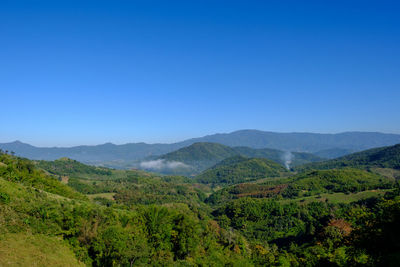 Scenic view of mountains against clear blue sky
