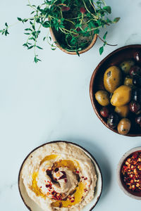 High angle view of breakfast served on table