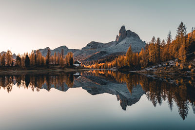 Reflection of trees in lake against clear sky