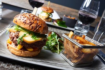 Close-up of fast food served in plate on table