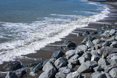 High angle view of rocks on beach