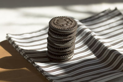 High angle view of stack on table