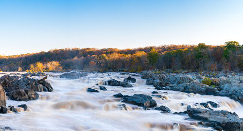 Scenic view of waterfall against clear sky