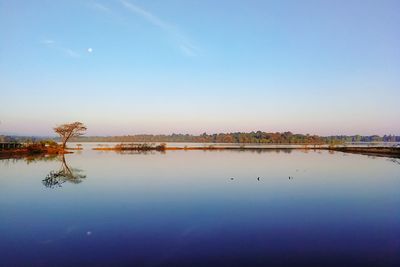 Scenic view of lake against clear blue sky