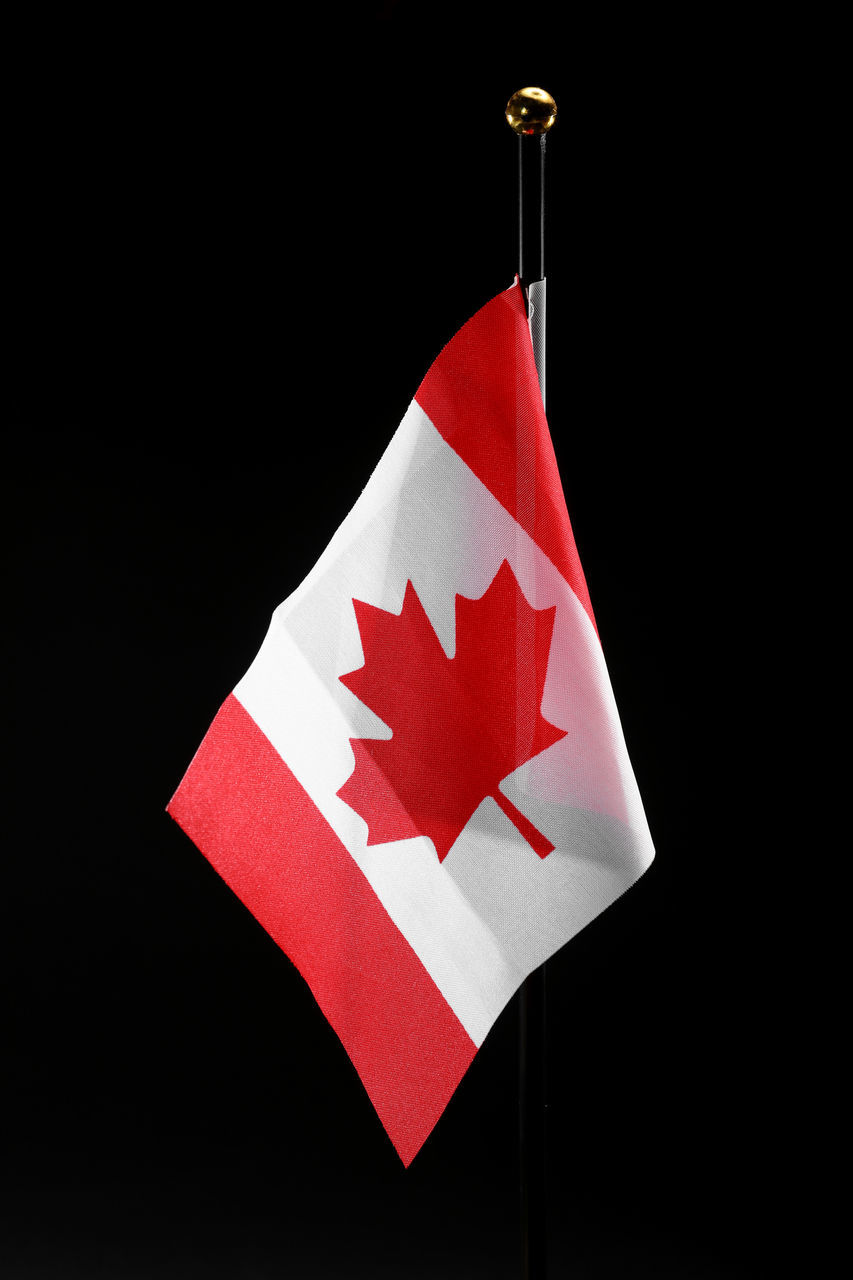 flag, red, black background, patriotism, studio shot, no people, maple leaf, copy space, indoors, cut out, shape