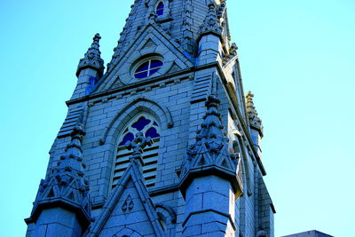 Low angle view of temple against clear blue sky