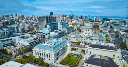 High angle view of buildings in city