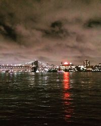 Illuminated city at waterfront against cloudy sky