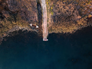 High angle view of reflection of trees in lake