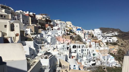 High angle view of townscape against clear blue sky