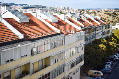 High angle view of buildings in city