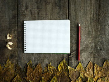 Directly above shot of spiral notebook with maple leaves on old wooden table