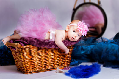 Baby girl in tutu on basket