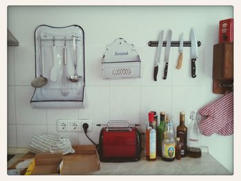 Stack of objects on shelf