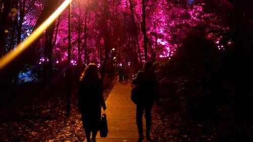 People walking on illuminated street at night