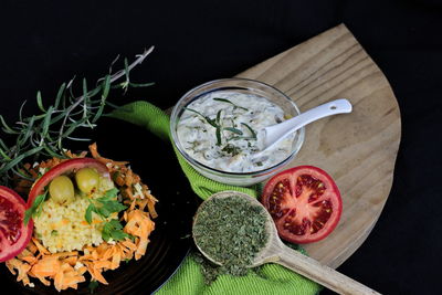 High angle view of food in bowl on table