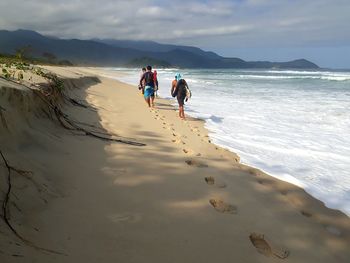 Rear view of friends walking on shore at beach