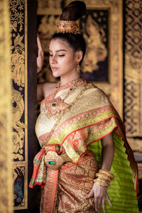 Thai girl in lady traditional culture thai costume, thai woman wearing traditional thai culture