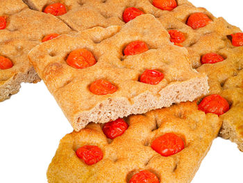 Close-up of cookies on white background