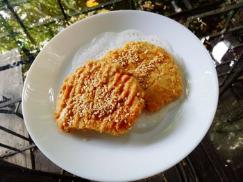 High angle view of bread in plate on table